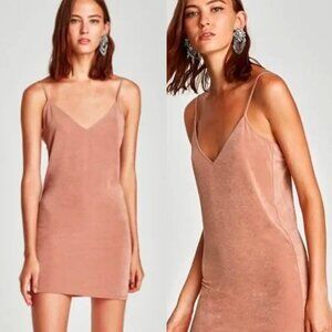 ☀️ ZARA Slip Shimmer Nude Tan Slinky Dress Small Going Out Party Sorority Prep